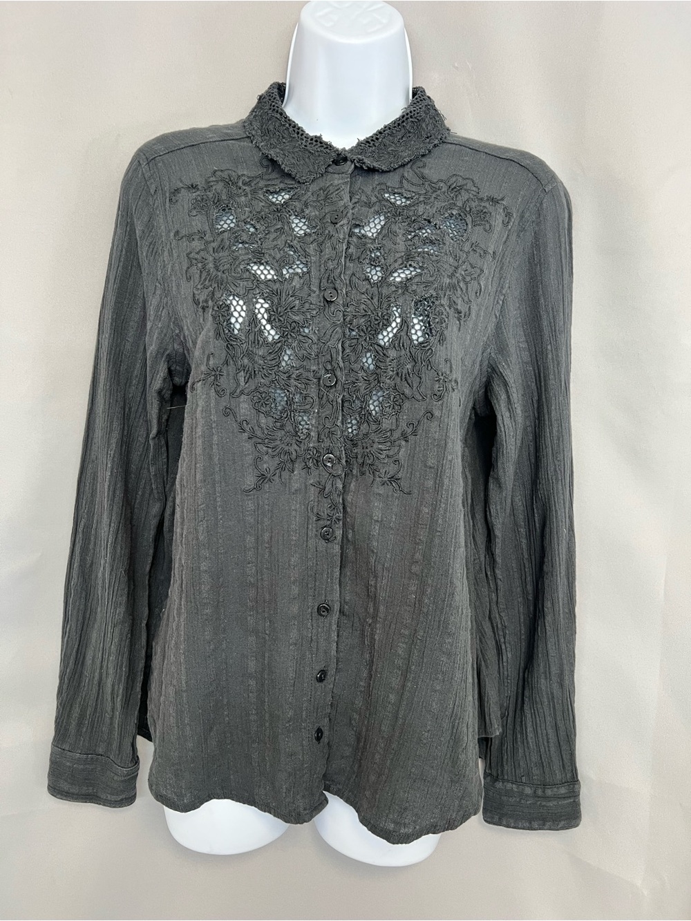 Free People Women's Charcoal Top Button Down Medium Embroidered Crochet